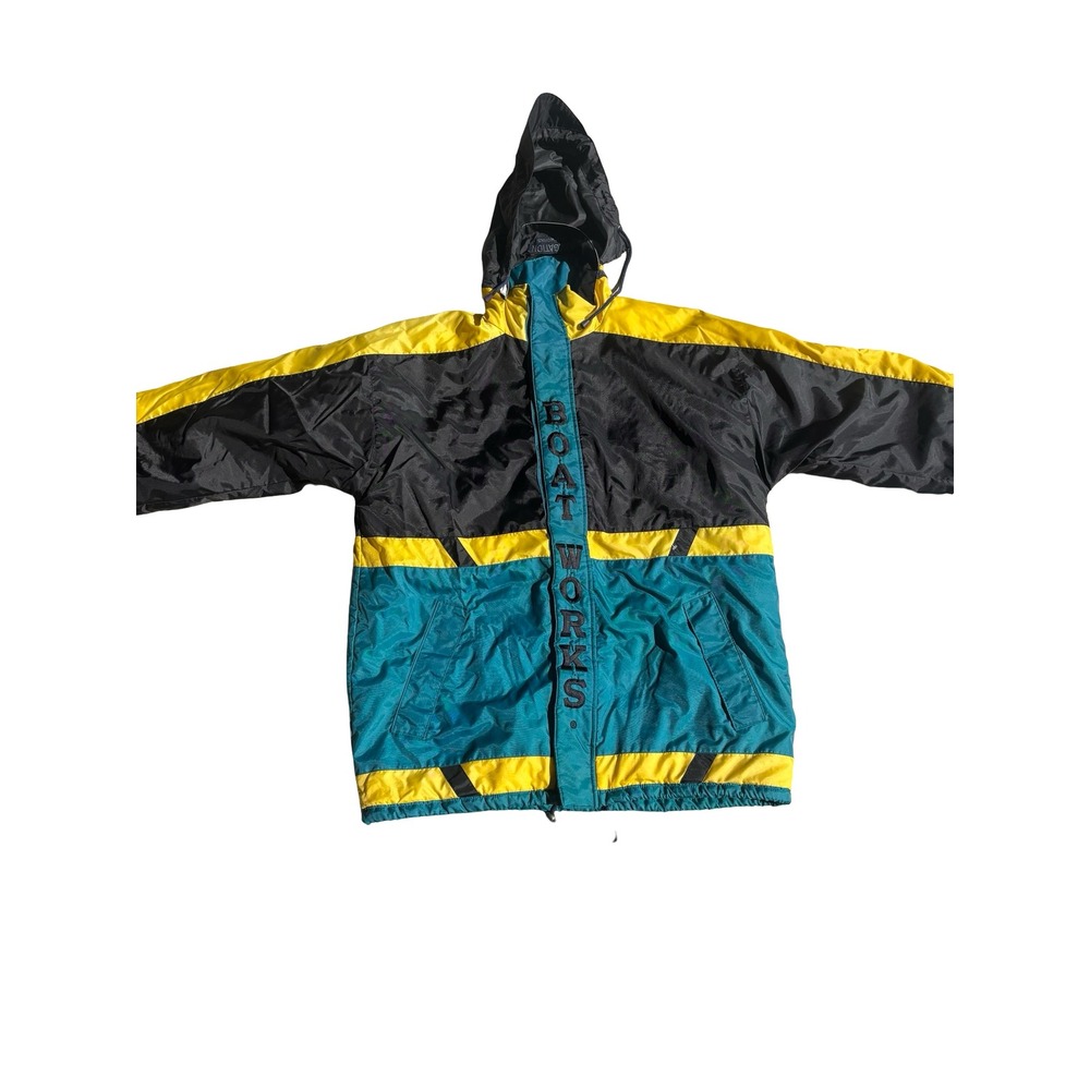 Vintage Boat Works Sailing Jacket XL Teal Yellow Black Colorblock Quilted Hooded
